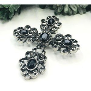 Cross pendant brooch silver tone with black rhinestones by Premier Design